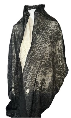 Винтажный черный цветочный кружева шаль кружева молитва вуаль 90 «x 17,5» бегун костюм Хэллоуин - Изображение 1 из 4