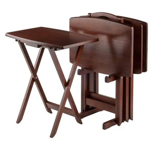 Winsome Wood TV Tray Snack Table Set Walnut Rounded Corner Storage Stand 5-Piece - Picture 1 of 9