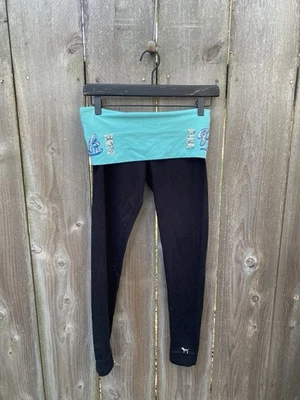 Y2K Vintage Victoria’s Secret PINK Yoga Sequin Turquoise Foldover Leggings XS - Image 1 of 4