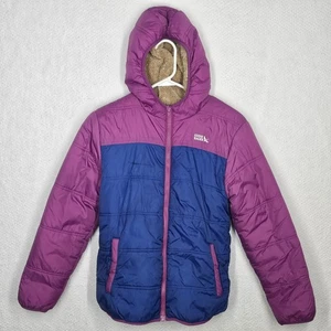 Eddie Bauer Kids Girls Jacket Faux Fur Hooded Reversible Pink Blue Size L 14/16 - Picture 1 of 16