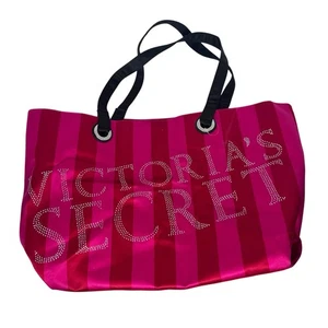 Bolso de Playa Victorias Secret Rosa y Rojo Rayas Edición Limitada Estrás - Imagen 1 de 7