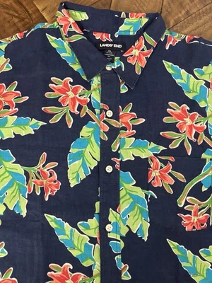 NWOT Lands End Traditional Fit Mens Linen Short Hawaii Button XL Navy Floral 053 - Image 1 of 4