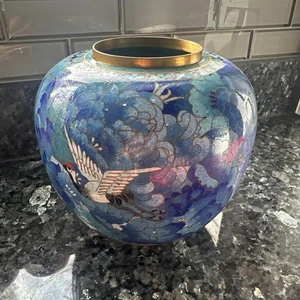 Vintage Blue Turquoise Cloisonné Ginger Jar with Floral & Crane  Design 7 1/4” - Picture 1 of 13