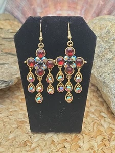 Vintage Ruby Red & Gold Aurora Borealis Chandelier Dangle Earrings - Picture 1 of 10