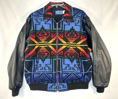 Pendleton Jacket Men's Large Leather Wool Western Aztec Native Coat - Image 1 of 4