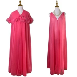 Vintage 60s Pink Nylon Chiffon Feather Boa Nightgown & Robe Peignoir Set Size S - Picture 1 of 18