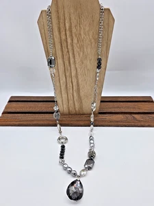 Chico’s Silver Gunmetal Beaded Necklace Smoky Gray Teardrop Crystal Pendant 40" - Picture 1 of 15