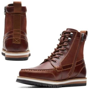 Stivali Clarks ZIP-FLY & LACE-UP Durston Hi BRITISH TAN PELLE UOMO UK-8 G 42 M - Foto 1 di 4