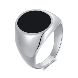 Anillo de plata de acero inoxidable 316L con banda ovalada de 17 mm esmaltada negra talla 6-12 - Imagen 1 de 13