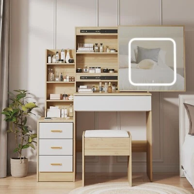 Conjunto de penteadeira maquiagem vaidade com banquinho 4 gavetas, espelho deslizante iluminado, tomada - Imagem 1 de 4