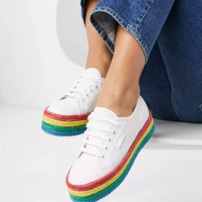 Superga Rainbow Espadrille Woven Platform Lace Up Sneakers White Multi Size 7.5 - Image 1 of 4