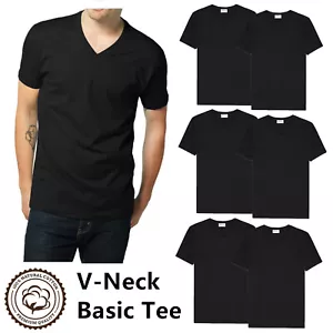 Gemrock Men 100% Cotton V Neck T Shirt Solid Black Short Sleeve Casual Tee Lot - Picture 1 of 5