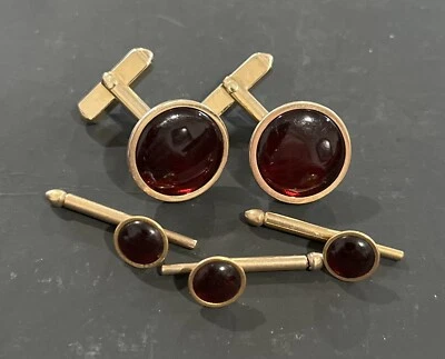 Vintage Scarlet Red Cuff Links & 3 Formal Shirt Studs - Image 1 of 3