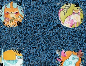 HERE KITTY KITTY - Blue Pink Yellow Cats Allover, Cori Dantini, 1 Yard Cuts - Picture 1 of 2
