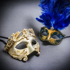 Silver Venetian Roman & Gold MardiGras Eye Mask w/ Top Blue Feather Couple Masks - Picture 1 of 1