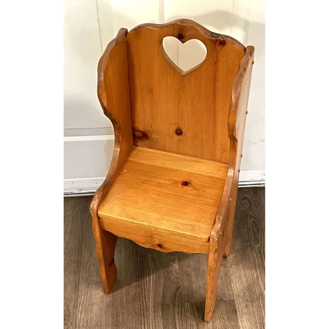 Vintage Handmade Wooden Children's Chair w/ Heart-Shaped Cutout 30" Cover