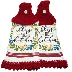 Bless This Kitchen Hanging Towel Set Crochet Top Red - Picture 1 of 3