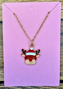 Stainless Steel Gold Cable Chain Necklace 17.75" Reindeer Hat Pendant Holiday - Picture 1 of 1