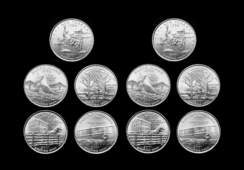 2001 P+D New York North Carolina Rhode Island Vermont Kentucky US Mint Roll Set - Image 1 of 2