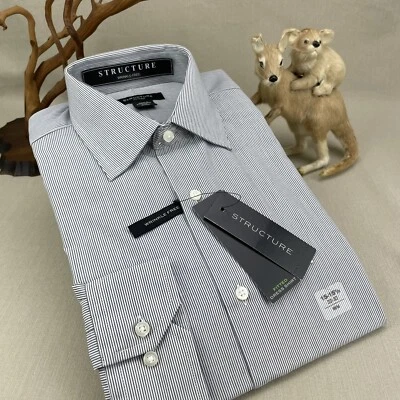 Structure ~ Blue Striped M Long Sleeve Fitted Dress Shirt Wrinkle-Free 32/33 15 - Image 1 of 4