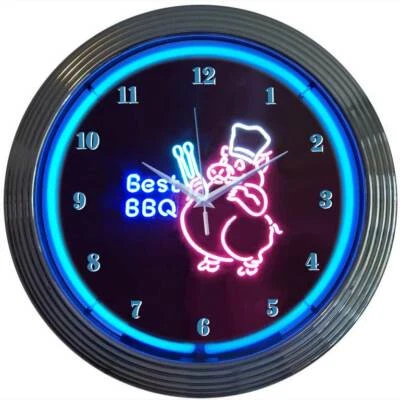 Best BBQ Pig Restaurant Blue Neon Wall Clock 15" Diameter 8BBQPI Neonetics - Image 1 of 4