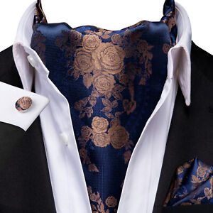 UK Navy Blue Cravat Set 100%Silk Mens Ascot Tie Bronze Vintage Floral Neck Scarf