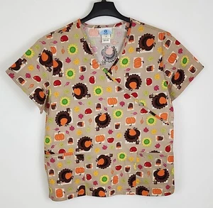 SB Scrubs Top Thanksgiving Turkey Size L Short Sleeve Pullover Lt Brown Fall - Picture 1 of 9