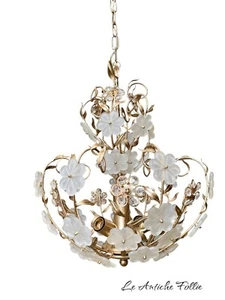 Lampadario Vintage in Ottone Dorato a 5 Luci con Fiori in Vetro e Cristalli - Picture 1 of 10