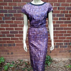 Vintage 60s Puritan Forever Young Purple Brown Print Wiggle Dress With Belt L 12