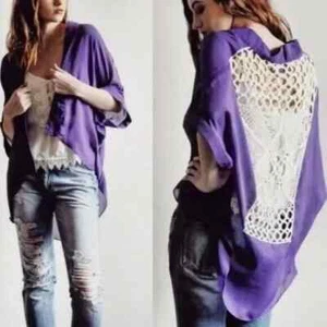 Women's Boho Open Front Embroidered Crochet Back Purple Kimono Cardigan NWT - Picture 1 of 15