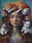 original drawing 30 x 40 cm 93SkV art realism soft pastel girl&cats portrait