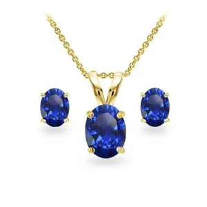 Gold Tone over Silver Created Blue Sapphire Oval Necklace and Stud Earrings Set - Picture 1 of 3