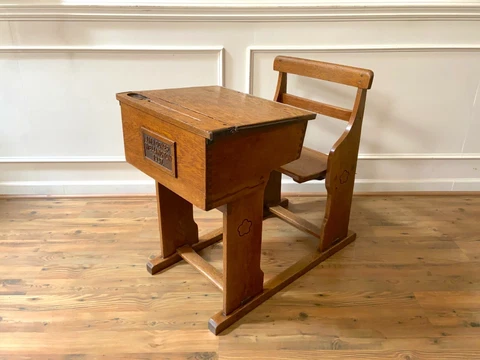 Vintage Oak Slant Top School Desk with Attached Bench Cover