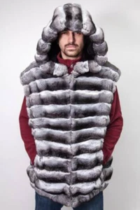 Mens Real Rex Rabbit Fur Vest Hooded Winter Warm Gilet Waistcoats Chinchilla - Picture 1 of 7