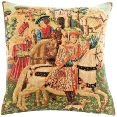 "DEPART CHASSE", HUNT DEPARTURE BELGIAN TAPESTRY CUSHION COVER, 18" X 18", 01447 - Image 1 of 4
