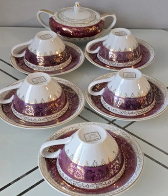 Rare 5x Tea Cups Saucers &Sugar Bowl Antique Mid-Cen Porcelain 1940's Japanese   - Image 1 of 4