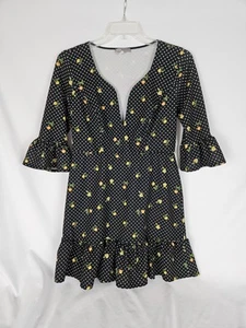 ASOS Black Polka Dot Floral Print Mini Dress Size 10 Ruffle Feminine Deep V - Picture 1 of 8