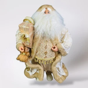 Christmas Santa Figurine Vintage Ivory Gold Coat Gift Bag Plush Fur Trim Decor - Picture 1 of 17
