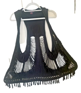 Chaleco Vaquera Rock&Roll Medio Suroeste Western Flecos Boho Festival Negro - Imagen 1 de 6