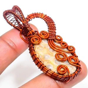 Fossil Coral Gemstone Copper Pendant Handcrafted Wire Wrap Gift Jewelry 2.3" - Picture 1 of 7