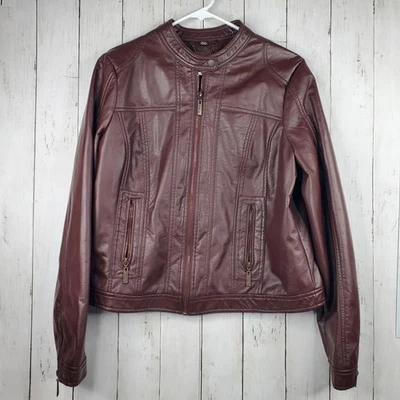 Jou Jou Women's XL Brown Faux Leather Moto Jacket Full Zip Double Zip Pockets - Image 1 of 4