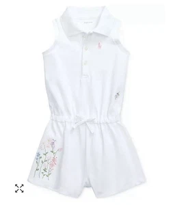 Polo Ralph Lauren Girls 6 Romper Embroidered White Cotton Jersey Preppy Summer - Picture 1 of 11