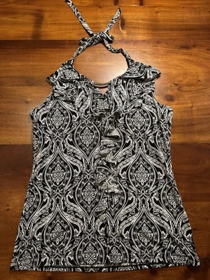 Top halter con volantes de cachemira negra para mujer White House Black Market talla M  Foto 1 de 4