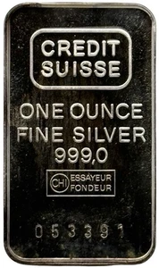 Vintage Credit Suisse 1 oz .999 Fine Silver Bar #053391 - Picture 1 of 2