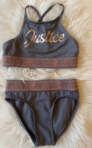 Justice Girls 7 Two-Piece Sport Swimsuit Gray Rose Gold Athletic Logo EUC - Picture 1 of 8