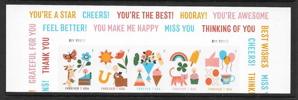 Scott #5807c IMPERFORATE (NO DIE-CUT) Thinking of You, Plate # Strip of 5, MNH - Image 1 of 1