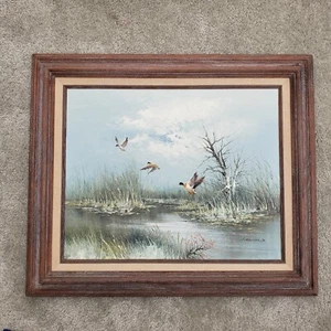 Signed Oil Painting 3 Mallard Ducks Flying Winter Scene - Hirschfeld - Picture 1 of 12