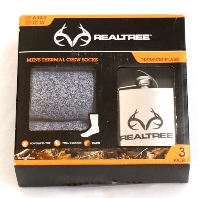 Realtree Edge 3 Pair Gray & Black Thermal Crew Socks & Premium Flask New in Box - Image 1 of 2