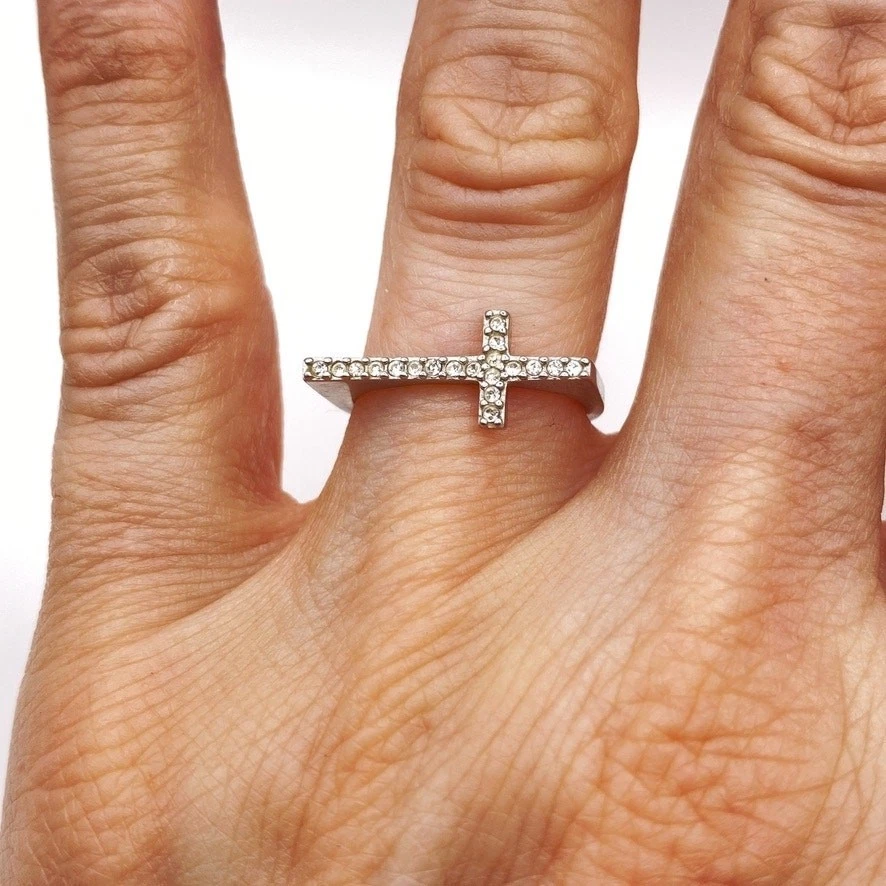 RARE MICHAEL KORS Pave CZ Cross Ring Silver Tone - Size 6 - Image 1 of 4