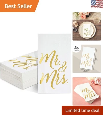 Romantic Gold Foil Mr & Mrs Napkins - 3-Ply Disposable 50 Count for Celebrations - Image 1 of 4